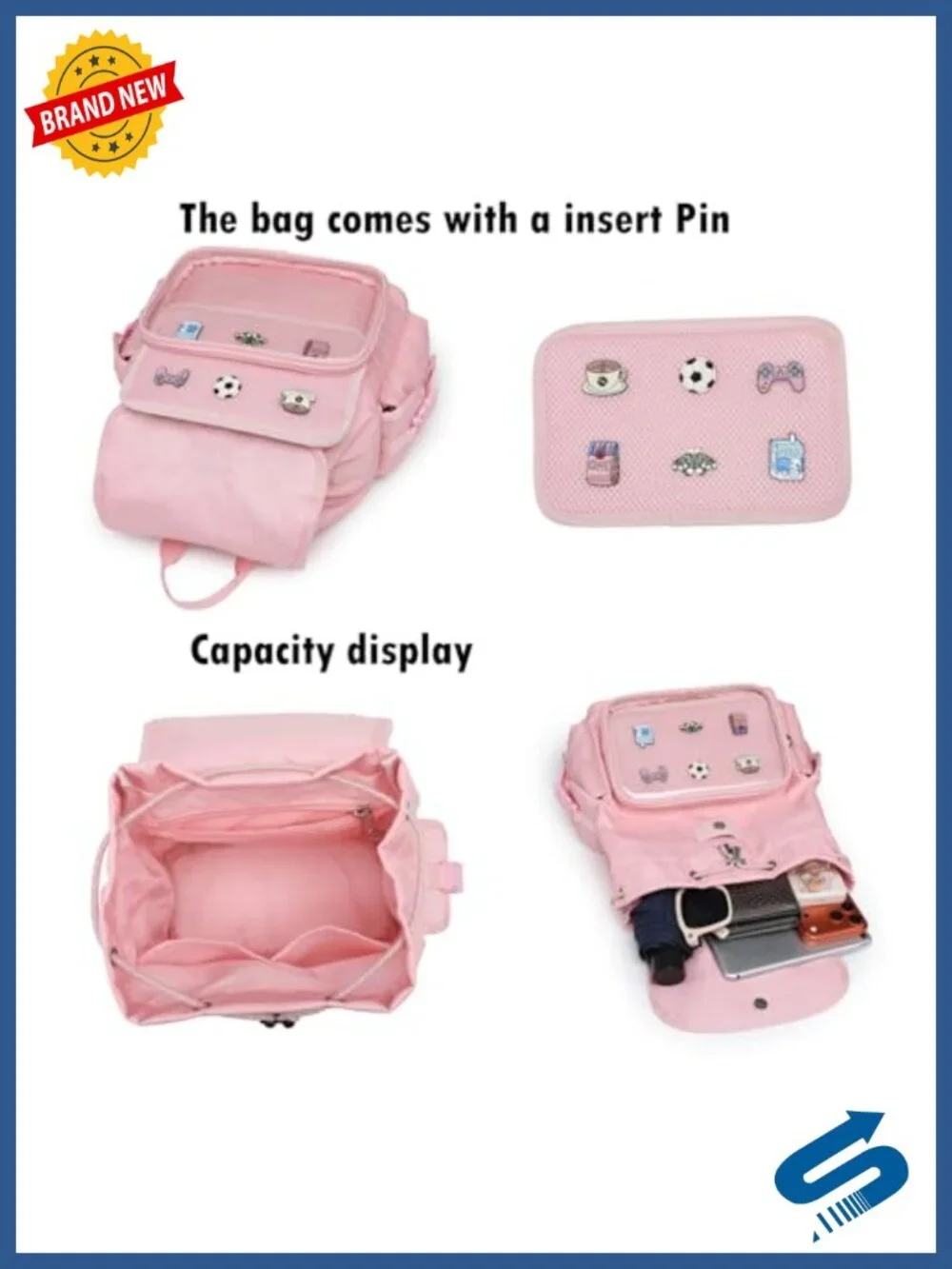 Kawaii Pin Display Backpack for Women Collectors, Water-Resistant Nylon Daypack